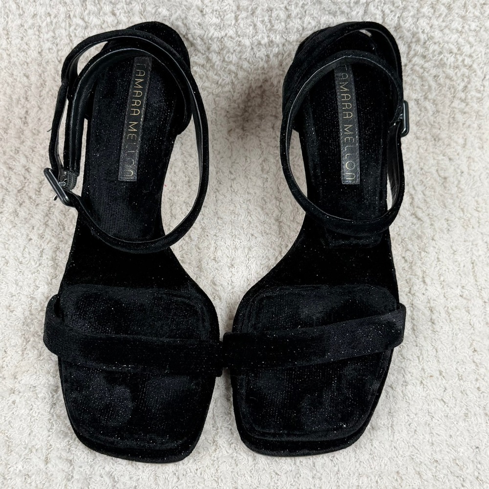Tamara‎ Mellon Black Velvet Shimmer Square Toe Block Heel Ankle Strap Sandals 37